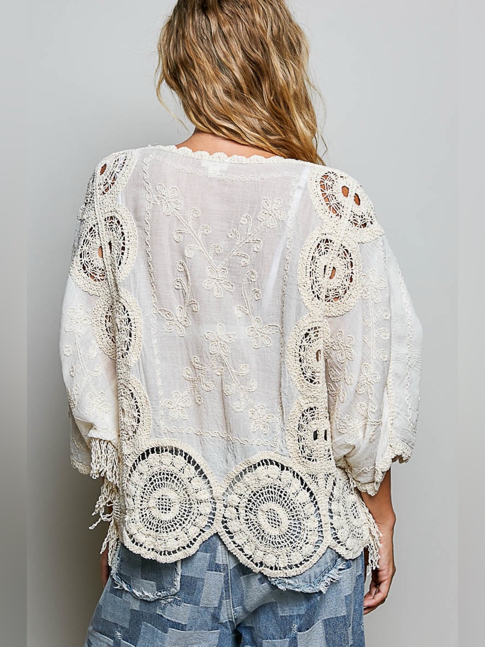 Pol Embroidered Crochet Peasant Tunic - Ivory - Picture 4 of 4